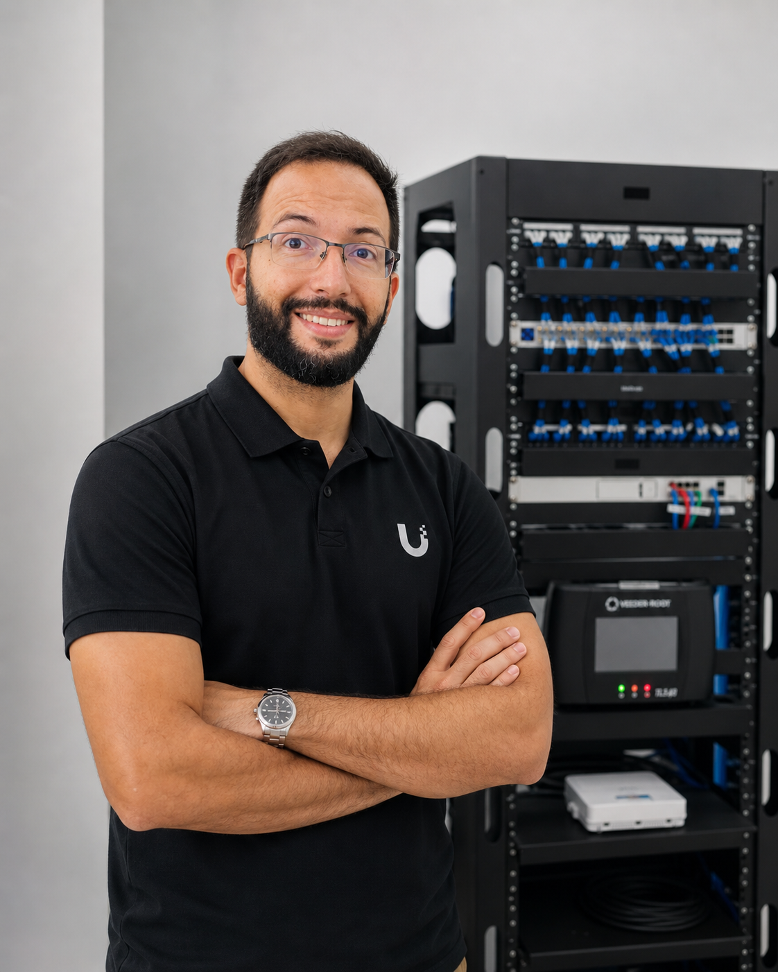 Ramon Valentim apresentando rack profissional TI Avançado